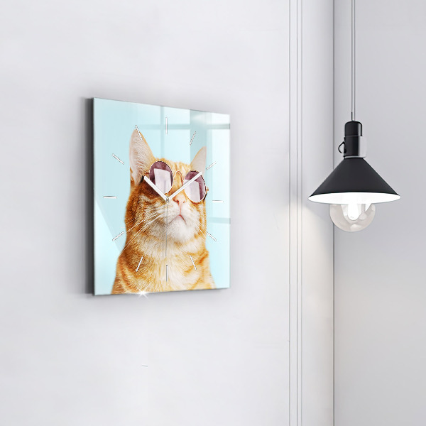 Square glass wall clock Funny cat with glasses