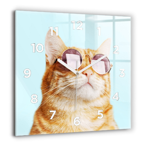 Square glass wall clock Funny cat with glasses