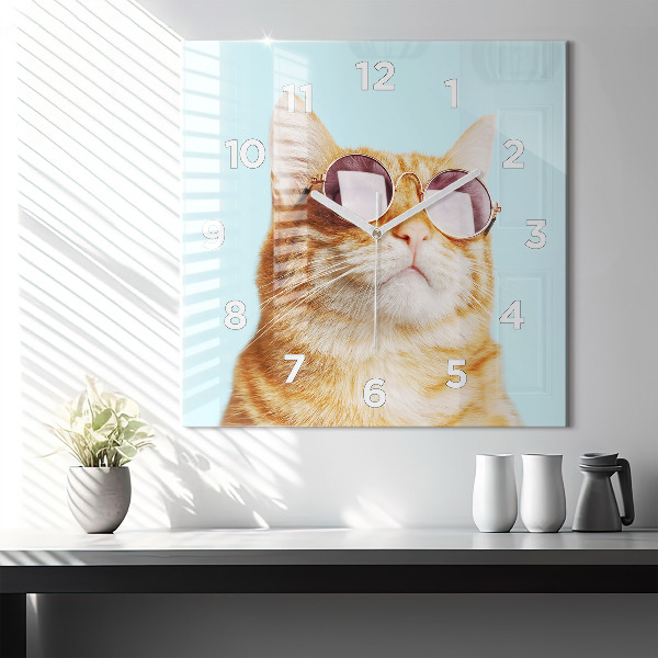 Square glass wall clock Funny cat with glasses