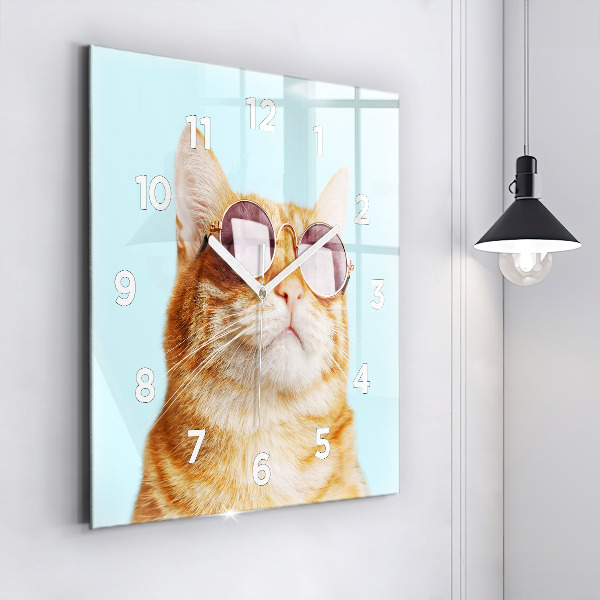 Square glass wall clock Funny cat with glasses