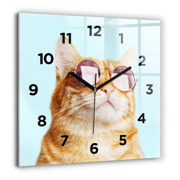Square glass wall clock Funny cat with glasses