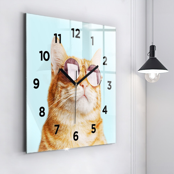 Square glass wall clock Funny cat with glasses
