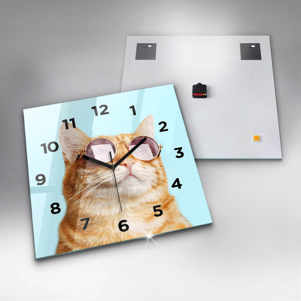 Square glass wall clock Funny cat with glasses