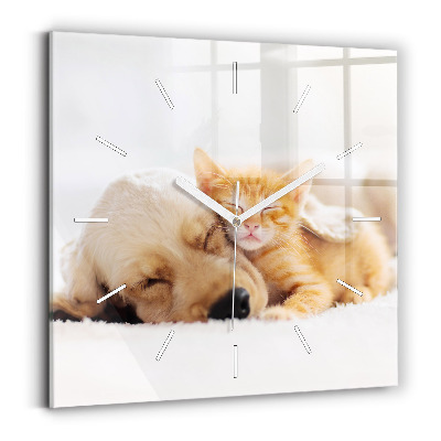 Square glass wall clock Sleeping cat and dog