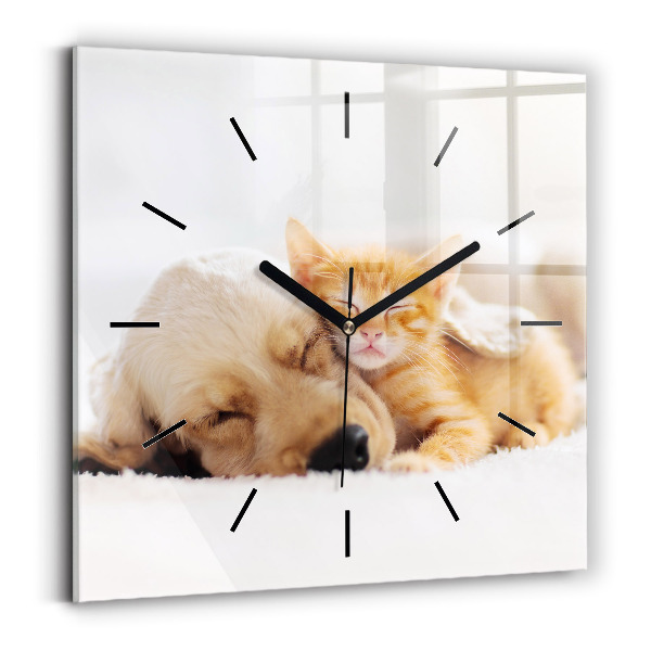 Square glass wall clock Sleeping cat and dog