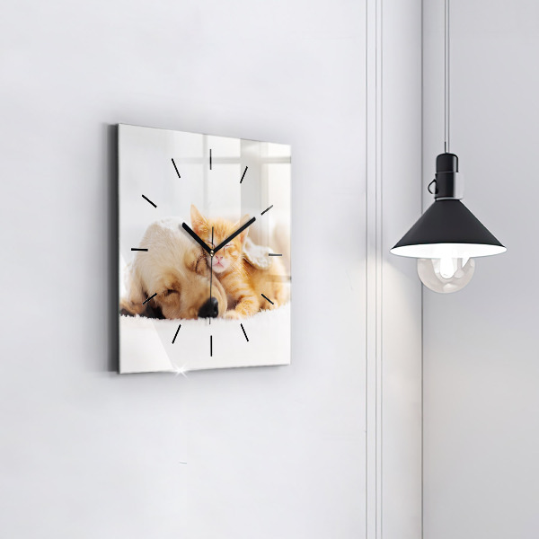 Square glass wall clock Sleeping cat and dog