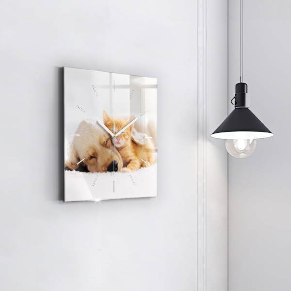 Square glass wall clock Sleeping cat and dog