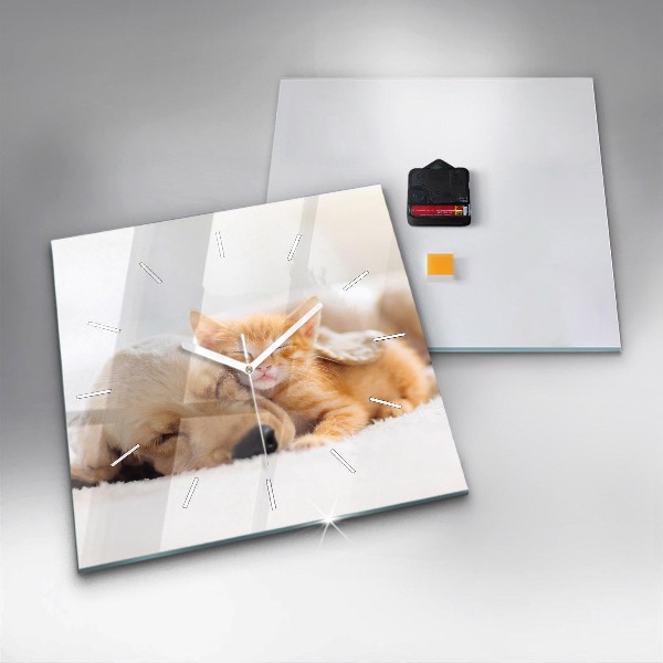 Square glass wall clock Sleeping cat and dog