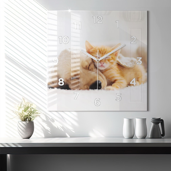 Square glass wall clock Sleeping cat and dog