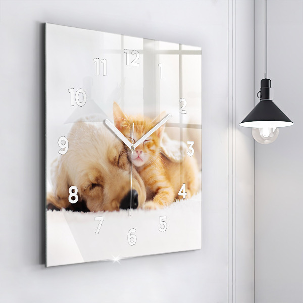 Square glass wall clock Sleeping cat and dog
