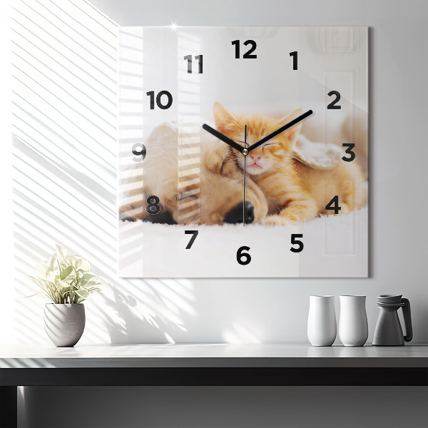 Square glass wall clock Sleeping cat and dog