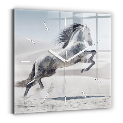 Square glass wall clock Galloping white horse