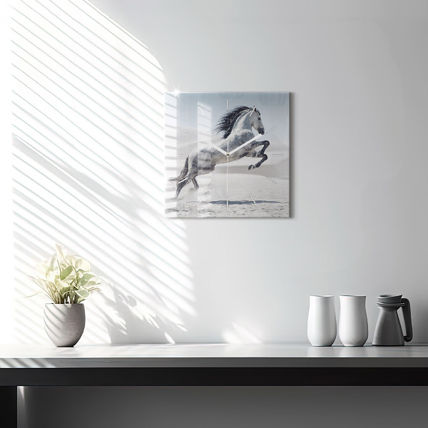 Square glass wall clock Galloping white horse