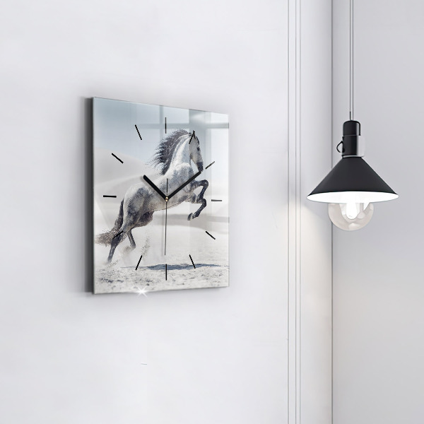 Square glass wall clock Galloping white horse