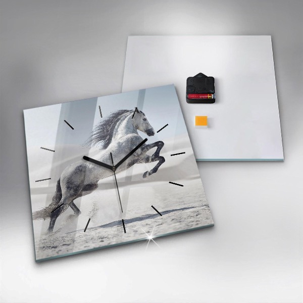 Square glass wall clock Galloping white horse