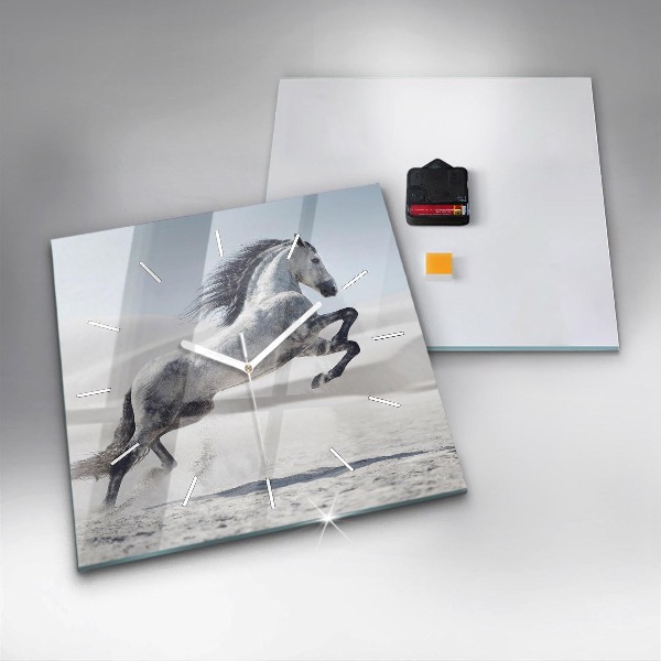 Square glass wall clock Galloping white horse