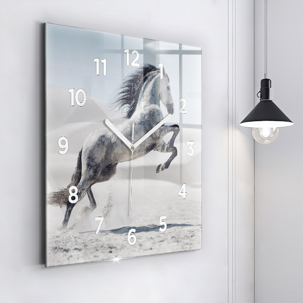 Square glass wall clock Galloping white horse