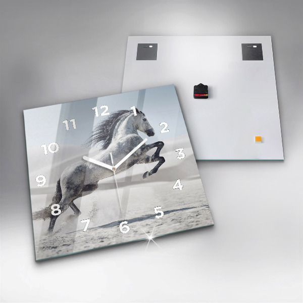 Square glass wall clock Galloping white horse