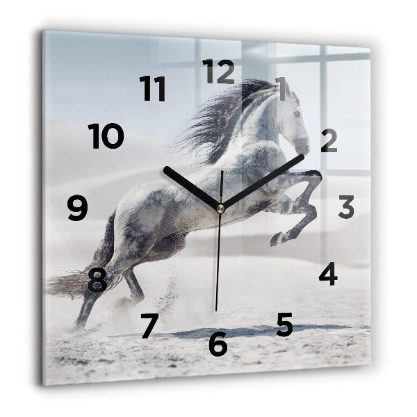 Square glass wall clock Galloping white horse
