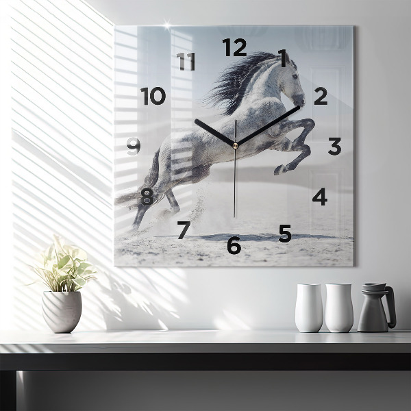 Square glass wall clock Galloping white horse