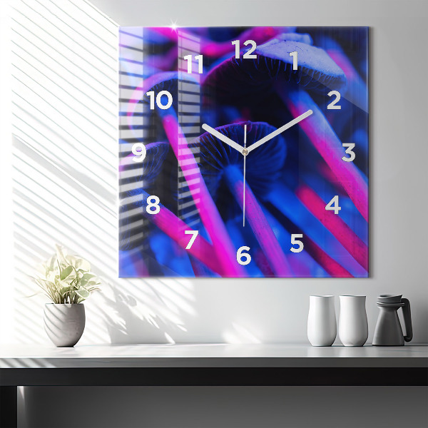 Square glass wall clock Magic colorful mushrooms