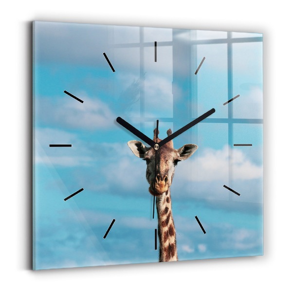 Square glass wall clock Giraffe head against the sky