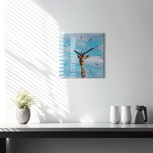 Square glass wall clock Giraffe head against the sky