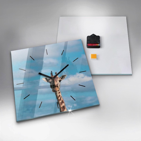 Square glass wall clock Giraffe head against the sky