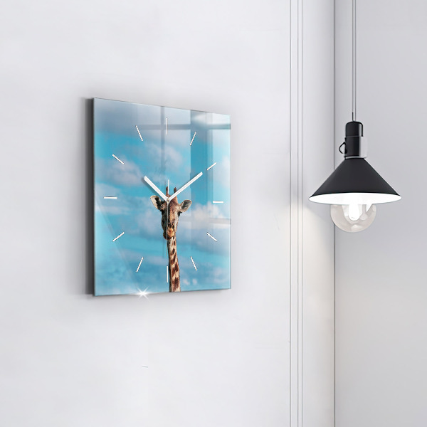 Square glass wall clock Giraffe head against the sky
