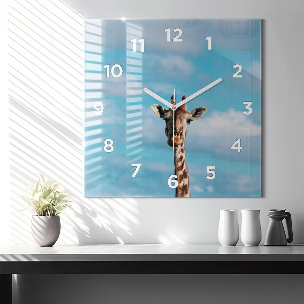 Square glass wall clock Giraffe head against the sky
