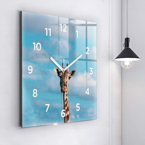 Square glass wall clock Giraffe head against the sky