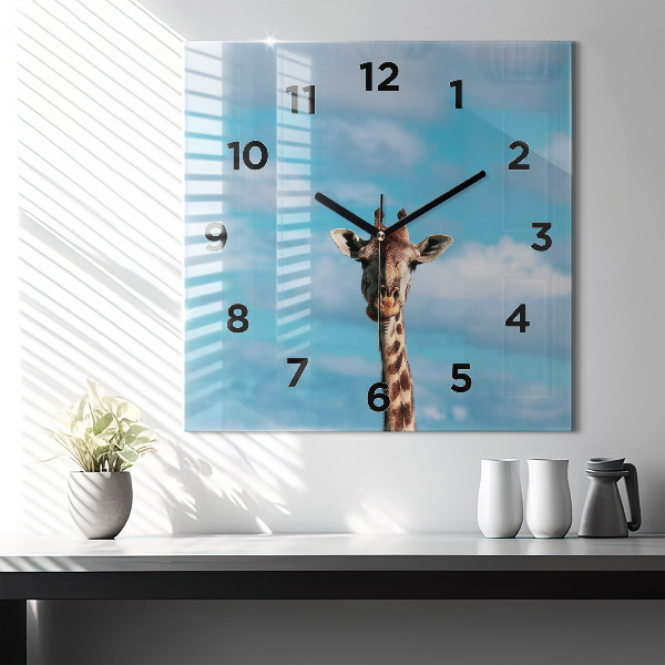 Square glass wall clock Giraffe head against the sky