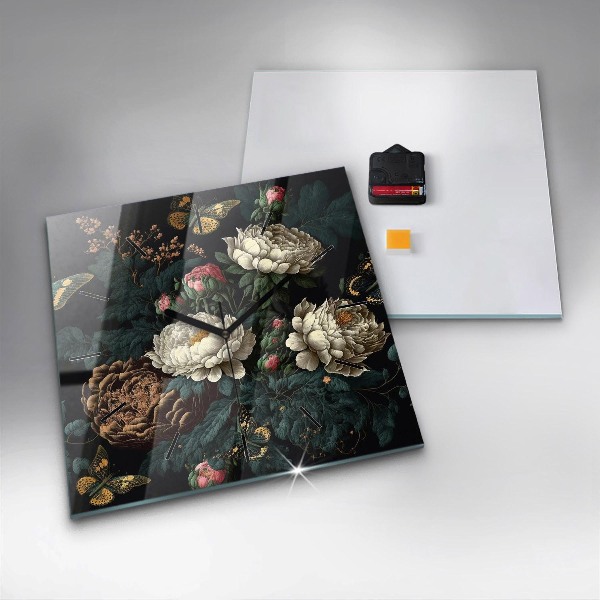 Square glass wall clock Flower and golden butterflies