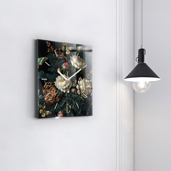 Square glass wall clock Flower and golden butterflies