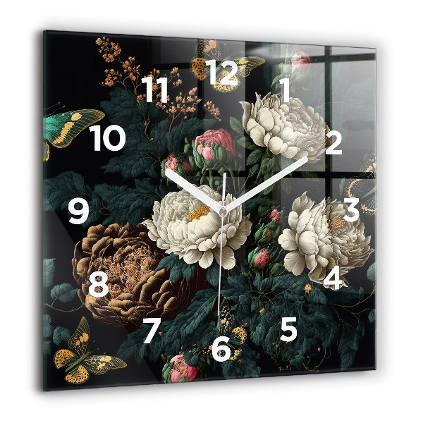 Square glass wall clock Flower and golden butterflies