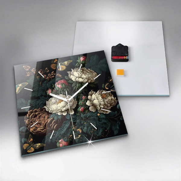 Square glass wall clock Flower and golden butterflies