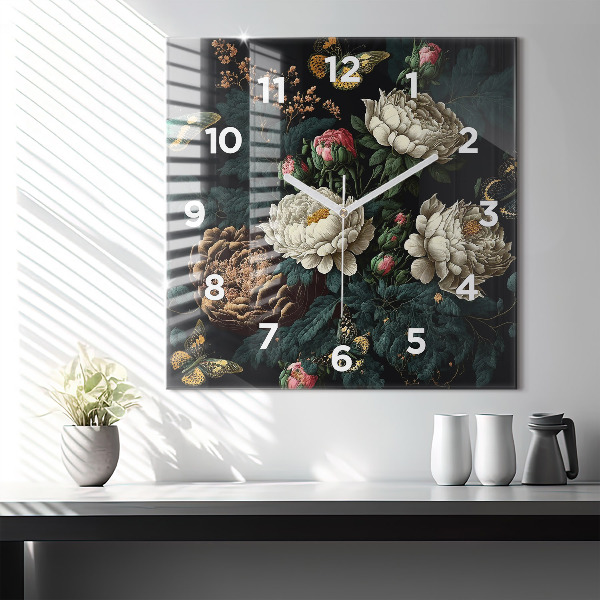 Square glass wall clock Flower and golden butterflies