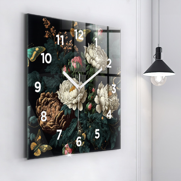 Square glass wall clock Flower and golden butterflies