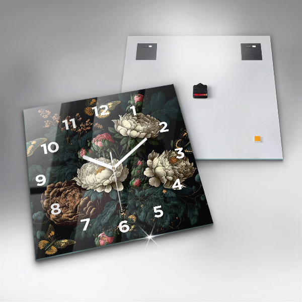 Square glass wall clock Flower and golden butterflies