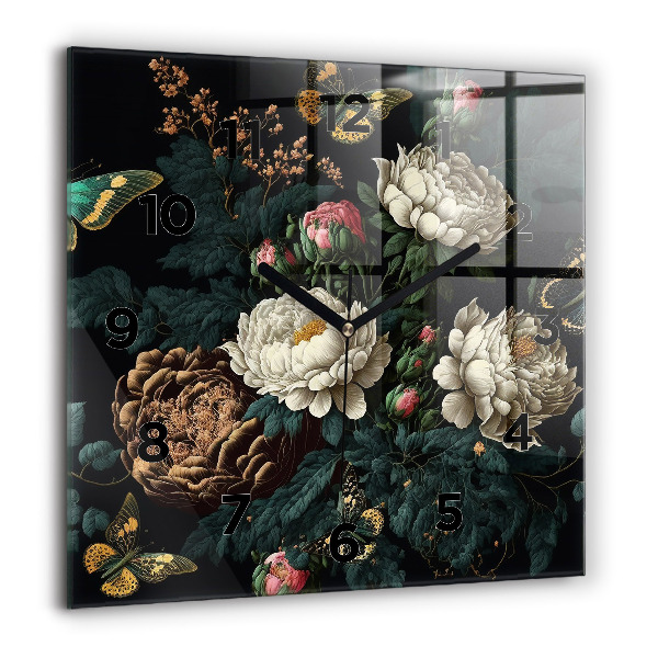 Square glass wall clock Flower and golden butterflies