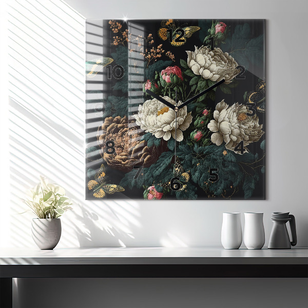 Square glass wall clock Flower and golden butterflies