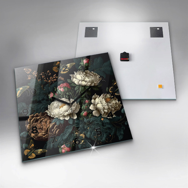 Square glass wall clock Flower and golden butterflies
