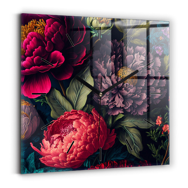 Square glass wall clock Vintage flower bouquet