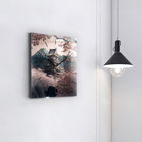 Square glass wall clock Tower and flowers in Asia