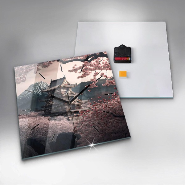 Square glass wall clock Tower and flowers in Asia