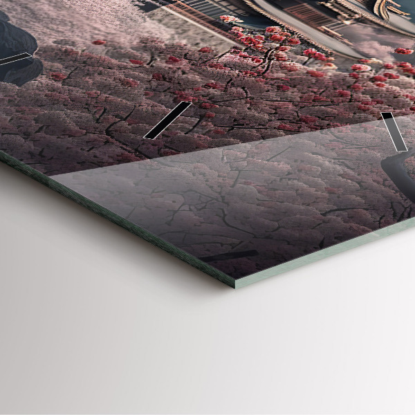 Square glass wall clock Tower and flowers in Asia