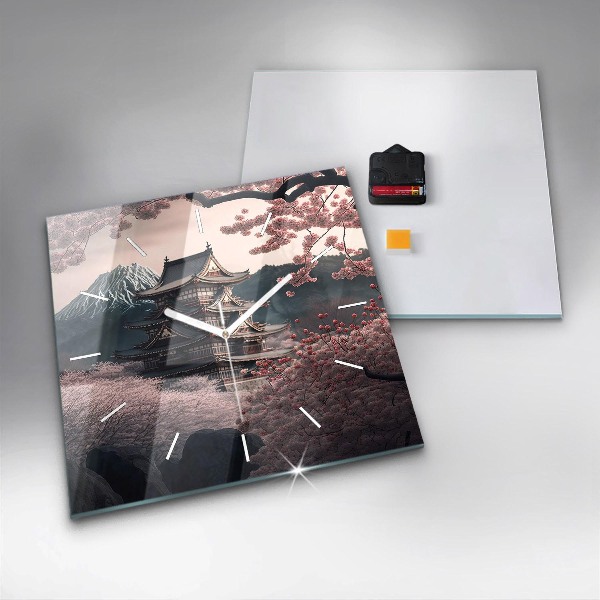 Square glass wall clock Tower and flowers in Asia