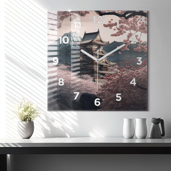 Square glass wall clock Tower and flowers in Asia