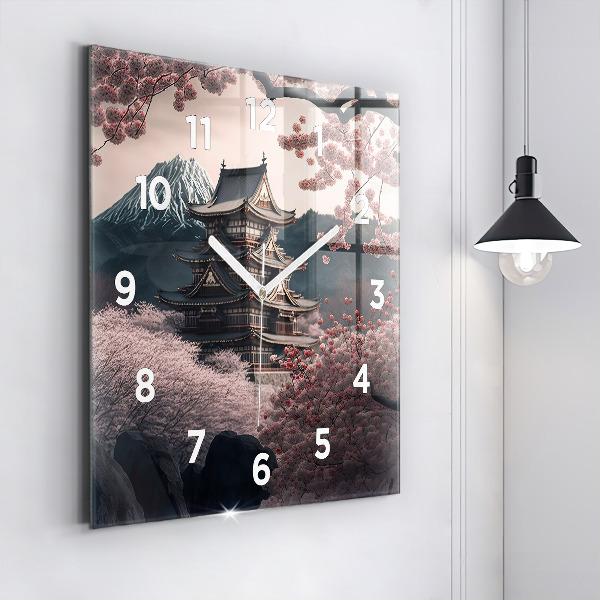 Square glass wall clock Tower and flowers in Asia