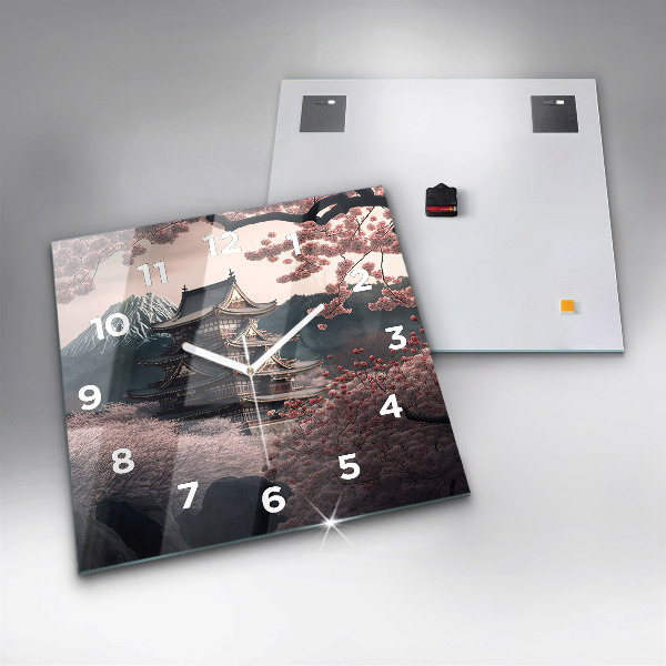 Square glass wall clock Tower and flowers in Asia